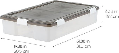 IRIS USA WeatherPro Underbed 47 Qt Storage Bins with Lids, 1 Pack, BPA-Free Plastic Gasket Box with Tight Latch and Seal, Stackable Nestable Underbed Tote Tub - Gray/Clear