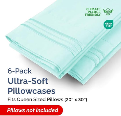 Queen Pillow Cases Set of 6 - Ultra Soft Hotel Quality Pillowcase Covers - Comfy, Cozy & Wrinkle Free - Shrink, Stain and Fade Resistant - Machine Washable Pillow Protectors - 6 Piece Set - Spa Blue