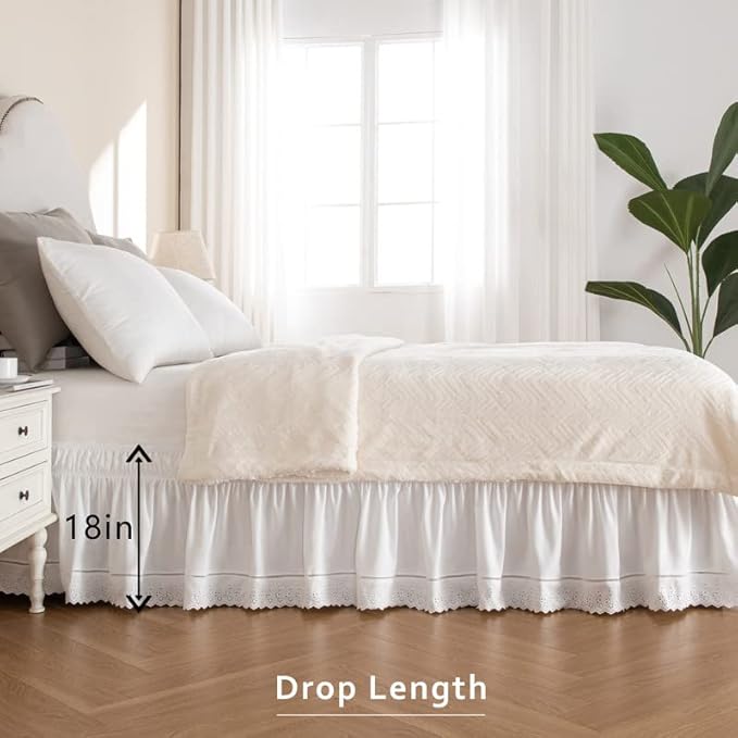 MIYE Wrap Around Ruffled Lace Bed Skirt, Elastic Dust Ruffle with Adjustable Belts, Easy to Put On, Bed Frame Cover, Machine Washable (Embroidered/White, King/Queen-18 Drop)