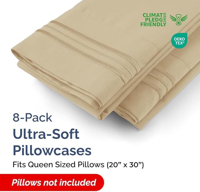 Queen Pillow Cases Set of 8 - Ultra Soft Hotel Quality Pillowcase Covers - Comfy & Wrinkle Free - Shrink, Stain and Fade Resistant - Easy-Care, Machine Washable Pillow Protectors - 8 Pcs Set - Beige
