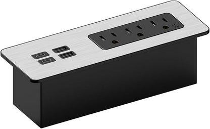 Kable Kontrol Recessed Power Strip Kit with Fast Charging 2 PD65W USB-C Ports, 2 USB-A ports, 3 Power Desk Outlets, Replaceable Silver Finish Panel Plate Flush Mount Furniture Charging Station Grommet