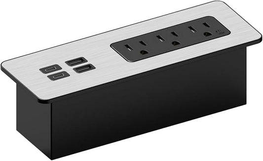 Kable Kontrol Recessed Power Strip Kit with Fast Charging 2 PD65W USB-C Ports, 2 USB-A ports, 3 Power Desk Outlets, Replaceable Silver Finish Panel Plate Flush Mount Furniture Charging Station Grommet