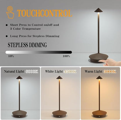 2 Pack LED Rechargeable Cordless Table Lamps,Portable Outdoor 5000mAh Battery Operated Table Light Touch Control 3 Color Dimmable Table Lamp for Patio/Cofee/Restaurant/Camping/Dining/Bedroom-Brown