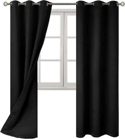 BGment Thermal Insulated 100% Blackout Curtains for Bedroom with Black Liner, Double Layer Full Room Darkening Noise Reducing Grommet Curtain (42 x 84 Inch, Black, 2 Panels)