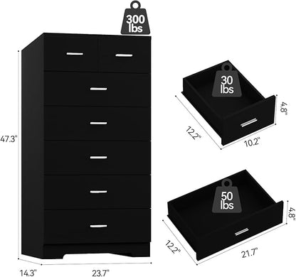 47.3" Tall Dresser for Bedroom Chests of Drawers with Charging Station 7 Drawer Dressers with Metal Slide Rail Modern Wood Closet Organizer with Large Storage for Home Office Entryway