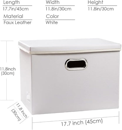 PRANDOM Large Collapsible Storage Box with Lid [1-Pack] Leather Fabric Foldable Storage Bin Organizer Container Basket Cube with Cover for Home Bedroom Closet Office Nursery White (17.7x11.8x11.8)