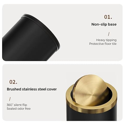 2.4 Gallon/9L Black and Gold Bathroom Trash Can Metal, Stainless Steel Wastebasket with lid, Brass Kitchen Garbage Can for Tolit Bedroom Powder Room Office Hotel (Black and Gold)