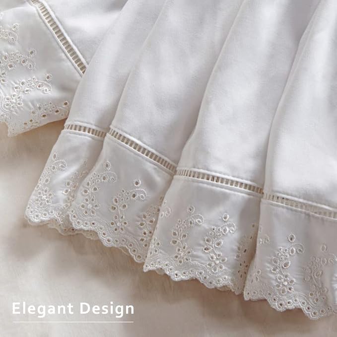MIYE Wrap Around Ruffled Lace Bed Skirt, Elastic Dust Ruffle with Adjustable Belts, Easy to Put On, Bed Frame Cover, Machine Washable (Embroidered/White, Full/Twin-22 Drop)