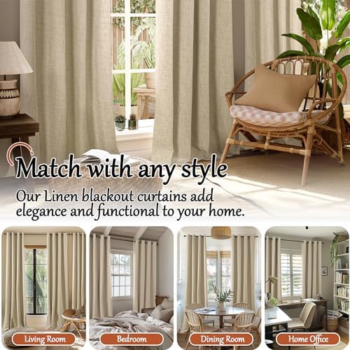 Short Blackout Curtains 45 Inch Length 2 Panels, Thermal Insulated Total Light Blocking Linen Window Curtains for Farmhouse Bedroom Basement, Bronze Grommet, Burlap, Each 52" Wide