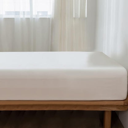 MooMee Fitted Bottom Sheet Only 100% Washed Cotton Linen Like Textured Breathable Durable Soft Comfy Deep Pocket Fits Mattress up to 17" (Off White, King)
