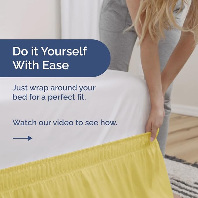 Wrap Around Dust Ruffle Bed Skirt - Yellow - for King Size Beds with 18 Inch Drop - Easy Fit Elastic Strap - Adjustable Pleated Bedskirt w/Brushed Fabric - Wrinkle Free - for Women, Men, Kids & Teens
