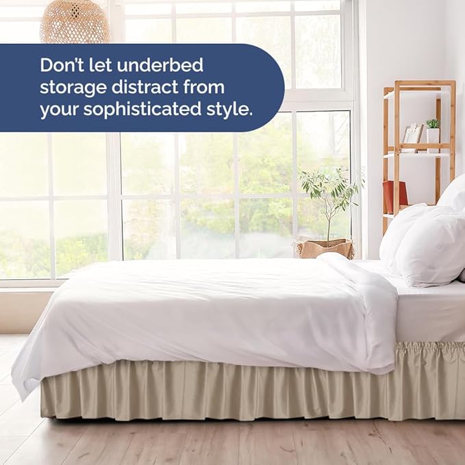 Wrap Around Dust Ruffle Bed Skirt - Cream - for King Size Beds w/ 14 Inch Drop - Easy Fit Elastic Strap - Adjustable Pleated Bedskirt w/Brushed Fabric, Wrinkle & Fade Free Women, Men, Kids & Teens