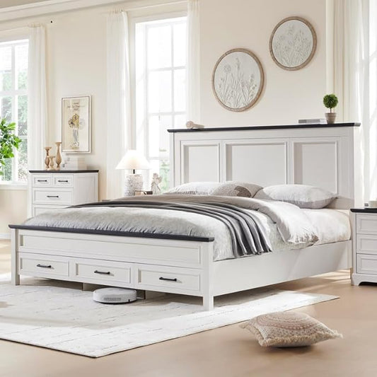 ACCOHOHO Farmhouse King Size Bed Frame with 52" Tall Headboard, Wood Platform Bedframe with Footboard and Storage Drawers, No Squeak, No Box Spring Needed, White