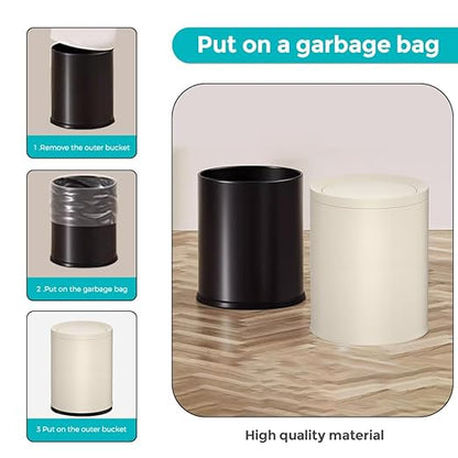 3.17 Gallon/12L Metal Trash Can with Swing Lid, Double Bucket Waste Basket,White,Modern,Elegant Garbage can,for Bathroom,Living Room,Kitchen,Office,Home,Bedroom(12L-White)