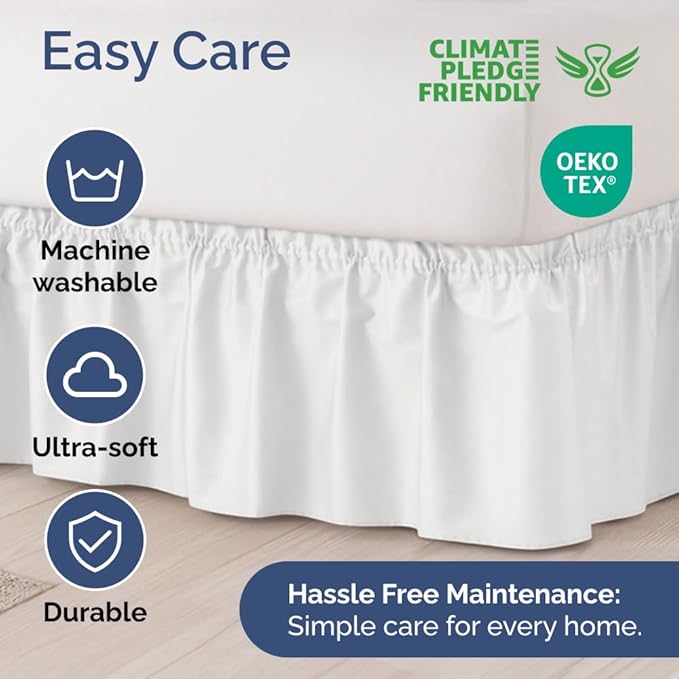 Wrap Around Dust Ruffle Bed Skirt - White - for King Size Beds with 15 Inch Drop - Easy Fit Elastic Strap - Adjustable Pleated Bedskirt w/Brushed Fabric - Wrinkle Free - for Women, Men, Kids & Teens