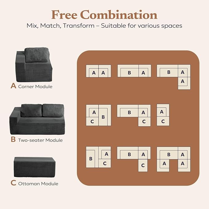 40" Modular Upholstered Foam Couch, Upholstered Floor Sofa Couch with Pillow, Single Sofa for Bedroom Living Room, No Assembly Required (Corduroy Fabric, Grey)