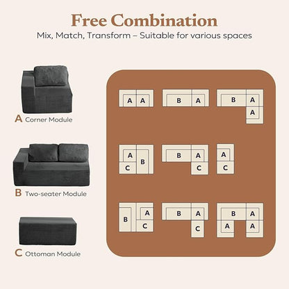 40" Modular Upholstered Foam Couch, Upholstered Floor Sofa Couch with Pillow, Single Sofa for Bedroom Living Room, No Assembly Required (Corduroy Fabric, Grey)