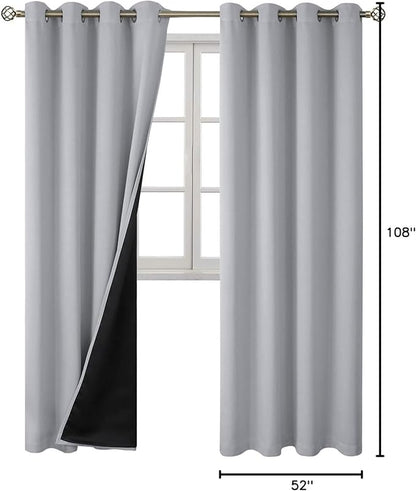 BGment 100% Blackout Curtains 108 Inch Long 2 Panles Set, Thermal Insulated Total Light Locking Soundproof Grommet Curtains & Drapes for Living Room with Black Liner, 52 Inch Wide Each, Light Grey