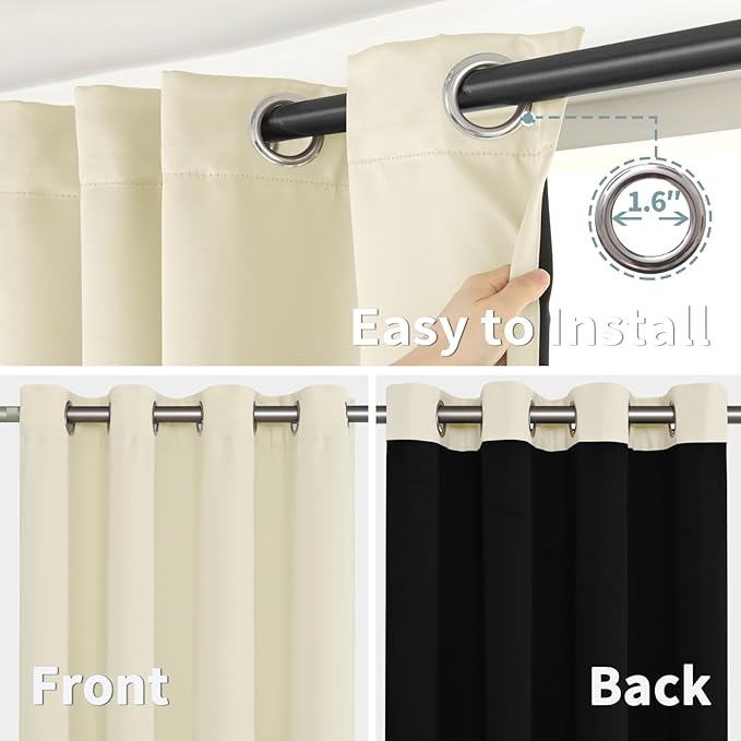 BGment Thermal Insulated 100% Blackout Curtains 63 Inch Length 2 Panels, Total Light Blocking Curtains for Bedroom, Grommet Window Drapes with Thick Black Liner, 60 Inch Wide Each Panel, Cream