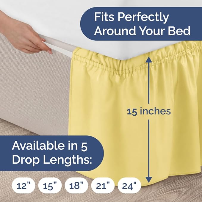 Wrap Around Dust Ruffle Bed Skirt - Yellow - for Queen Size Beds with 15 Inch Drop - Easy Fit Elastic Strap - Adjustable Pleated Bedskirt w/Brushed Fabric Wrinkle Free - for Women, Men, Kids & Teens