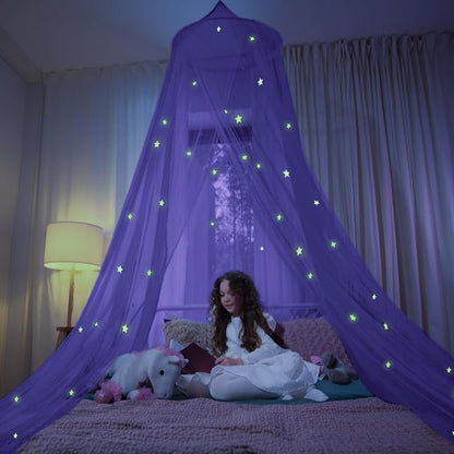 Bollepo Purple Bed Canopy for Girls with Glowing Stars - Princess Netting Room Decor, Ceiling Tent to Cover Toddler | Single, Twin, Full, Queen Size Kids Bed, Fire Retardant Fabric