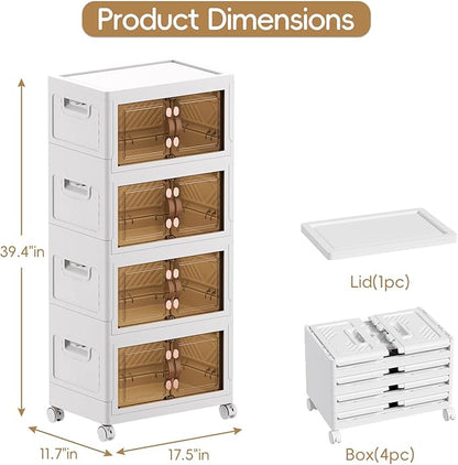 JEKO&JEKO 247Qt Stackable Storage Bins with Lids and Wheels, Foldable Collapsible Plastic Boxes for Clothes, Home, White, 7Pack