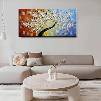 YaSheng Art -Handmade Colorful 3D Flowers Art Oil Painting On Canvas Texture Palette Knife Tree Paintings Modern Abstract Canvas Wall Art Home Interior living room Bedroom Decor Art 24x48inch
