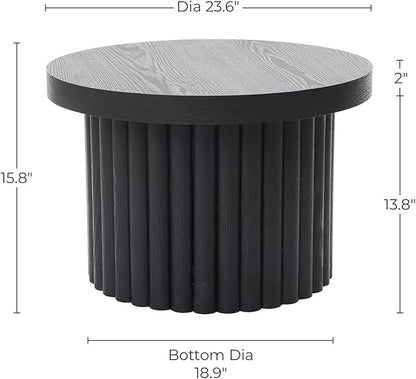 LuxenHome End Table, 23.6" Wide Black Wood Fluted Round Coffee Table Modern Side Tables for Living Room Round Wood Small Accent Tables for Bedroom