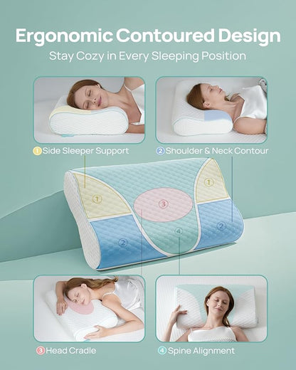 Cervical Neck Pillow, Side Sleeper Pillow for Neck Pain Relief, Adjustable Contour Pillow for Sleeping, Ergonomic Memory Foam Pillow, Orthopedic Cooling Pillow Back Stomach Sleeping, Queen Soft