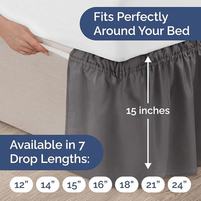 Wrap Around Dust Ruffle Bed Skirt - Dark Grey - for Queen Size Beds with 15 Inch Drop - Elastic Strap - Adjustable Pleated Bedskirt with Brushed Fabric and Wrinkle Free - for Women, Men, Kids & Teens