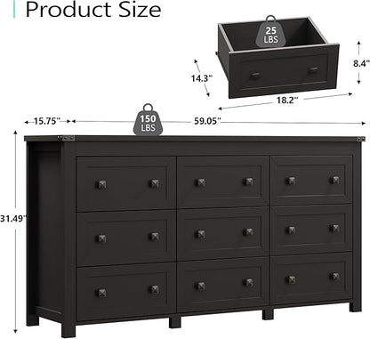 Dresser for Bedroom with 9 Drawers, Farmhouse Wood Chest of Drawers, Wide TV Stand Closet Storage Furniture with Metal Handle, Modern Clothes Organizer for Hallway, Living Room, Entryway, Black