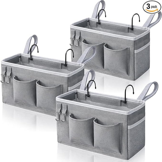 3pcs Bedside Caddy Hanging Storage Bag, Water Cup Holders, Organizer Baskets with Pockets for Bunk Bed Shelf, Hospital Beds, Loft & Dorm Rooms Accessories (Bedside bag-Grey)