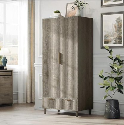 VINGLI Fluted Armoire Wardrobe Closet Wooden with Doors and Drawers, Wardrobe Cabinet with Hanging Rack, Bedroom Closet Wood, Free Standing Armoire with Shelf and Solid Wood Legs, Grey