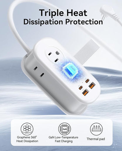 ORICO 65W GaN Travel Power Strip with 7-in-1 Charging Ports (3 AC Outlets/2 USB-A/2 USB-C), Flat Plug and 4FT Extension Cord, Fast Charger for MacBook Pro/Air, iPad Pro, iPhone 17/16/15- AP3