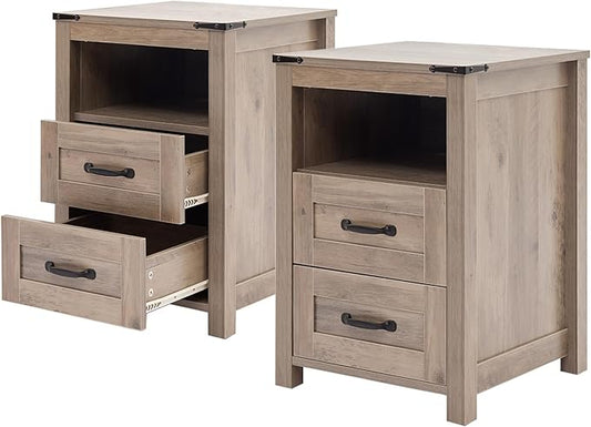 Sierra Rustic Night Stand Set of 2, Farmhouse End Table, Modern Bedside Table with 2 Storage Drawers and Open Shelf, Tall Nightstand for Bedroom