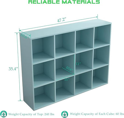 OSCHF 12-Cube Storage Shelf Bookcase - Wooden 3-Tier Floor Standing Open Bookshelf for Home and Office, Display Cabinet, Light Blue