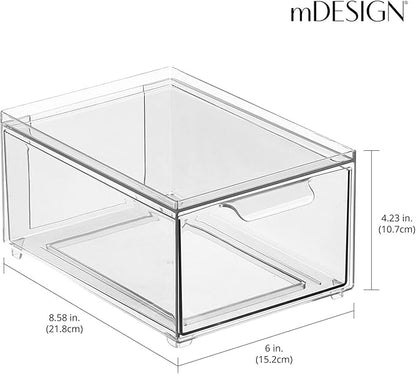 mDesign Stackable Storage Containers Box with Pull-Out Drawer - Stacking Plastic Drawers Bins for Kitchen Pantry and Cupboard, Cabinet, Counter, Island and Tables - Lumiere Collection - 4 Pack - Clear