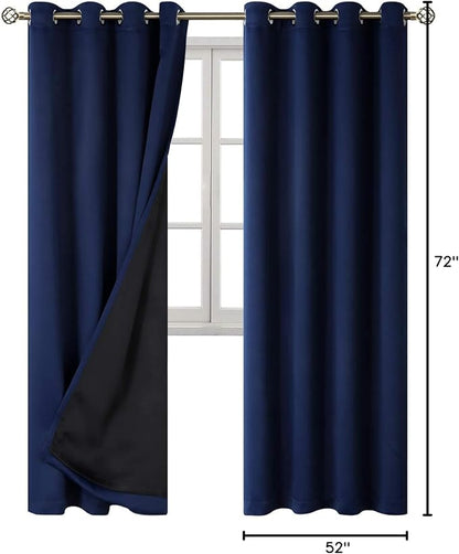 BGment Thermal Insulated 100% Blackout Curtains for Bedroom with Black Liner, Double Layer Full Room Darkening Noise Reducing Grommet Curtain (52 x 72 Inch, Navy Blue, 2 Panels)