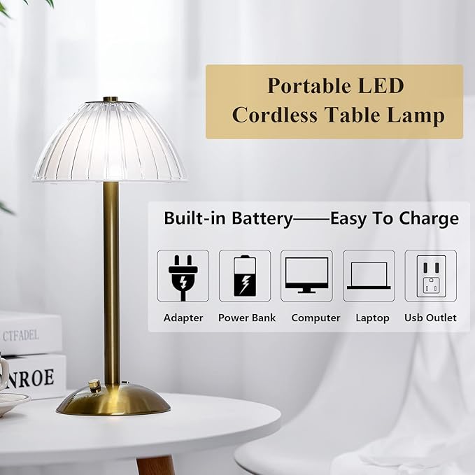 Liliful 1 Pcs Cordless Table Lamp Rechargeable Touch LED Small Gold Portable Battery Operated USB-c Desk Lamp 3 Color Dimmable for Bedroom Living Room Dining (Gold,Mushroom Style)