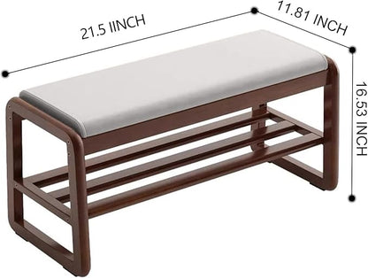 Solid Wood Shoe Bench, 2-Tier Wooden Storage Entryway Bench, Small Entryway Bench, Mid-Century Modern Bedside Bench with Faux Leather Cushion for Dining Room Living Room, Cream Grey 21.65''