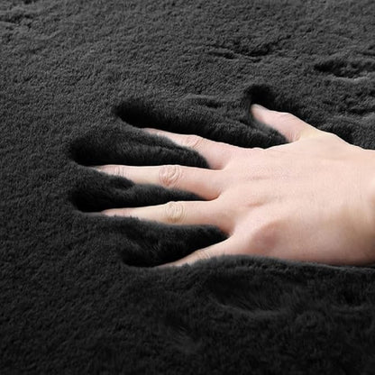 Black Shag Washable Fluffy Fur Area Rugs for Bedroom Living Room Faux Rabbit Fur Nursery Rug 2x6 Cute Shaped Rug Room Décor