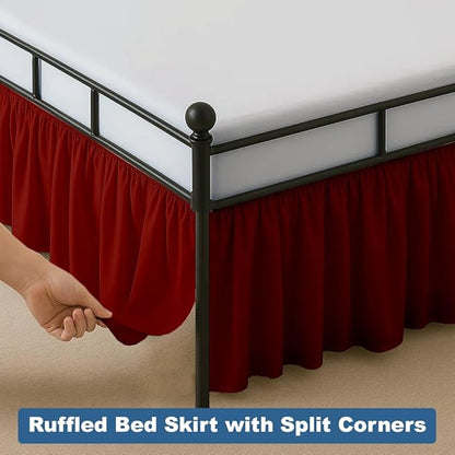 Ruffled Bed Skirt Split Corners with Platform, Tailored Fit Hotel Quality Wrinkle Free Ultra-Soft Microfiber Dust Ruffle, Upto 10 Inch Drop, Twin XL, Burgundy