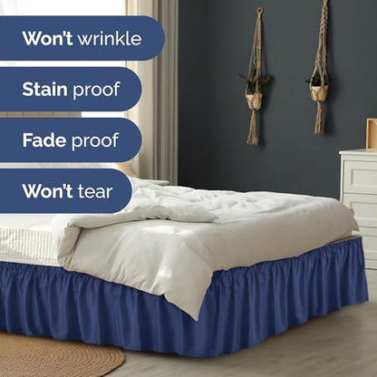 Wrap Around Dust Ruffle Bed Skirt - Navy Blue - for Full Size Beds w/ 14 Inch Drop - Easy Fit Elastic Strap - Adjustable Pleated Bedskirt with Brushed Fabric, Wrinkle Free Women, Men, Kids and Teens