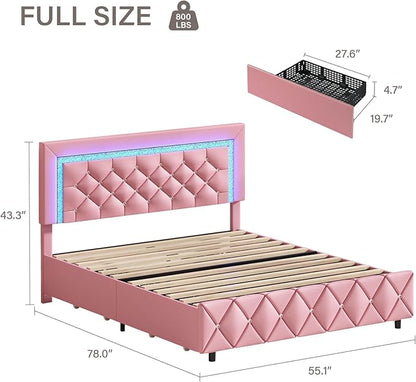 BarnFurin Full Size Bed Frame with LED Lights, Upholstered Bed Frame with Storage Drawers, Princess Platform Bed with Diamond Headboard and Footboard, No Box Spring Needed, Pink