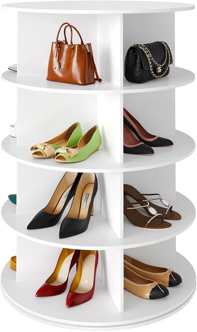 SpaceAid 4 Tier Rotating Shoe Rack Tower, Spinning Shoe Display Lazy Susan, Revolving 360 Shoe Rack Storage Round Carousel, Vertical Handbag Rotate Shoes Closet Organization (4-Tier White)