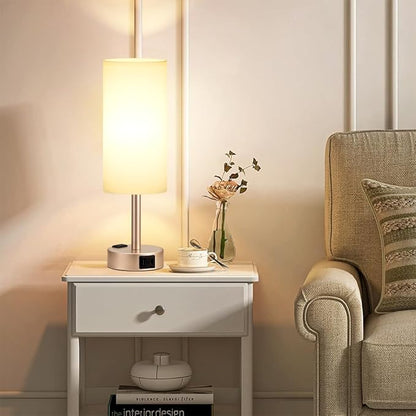 Antique White Bedside Table Lamp for Bedroom - 3 Way Dimmable Touch Lamp USB C Charging Ports and AC Outlet, Small Lamp Gold Base Round Flaxen Fabric Shade for Living Room, Desk, LED Bulb Included