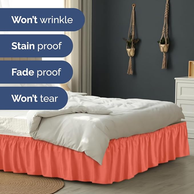 Wrap Around Dust Ruffle Bed Skirt - Coral - for King Size Beds with 15 Inch Drop - Easy Fit Elastic Strap - Adjustable Pleated Bedskirt w/Brushed Fabric - Wrinkle Free - for Women, Men, Kids & Teens