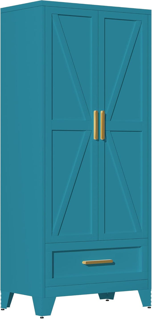 71" Tall Metal Armoire Wardrobe Closet with Removable Hanging Rod and Doors,Blue Armoire Wardrobe Cabinet for Garage Laundry Room Office