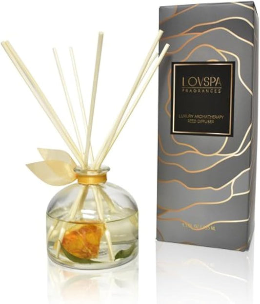 LOVSPA Reed Diffuser Set, Mandarin Lime & Basil Scented Oil Diffuser with Sticks, Home Fragrance Accessories for Bathroom Shelf Decor, Aroma Diffusers for Home or Office Desk, USA Made