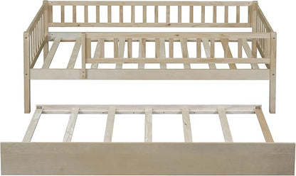 Bellemave Twin Bed Frames with Rails for Kids, Twin daybed Frame with Trundle for Boys/Girls/Adults， Natural